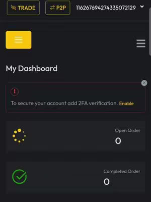 A screenshot of a crypto trading platform's dashboard. The background is dark gray. The top bar has text that says TRADE and P2P. Below are menu icons and then labeled sections with Open Orders and Completed Orders, both with zero displayed.