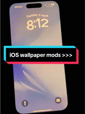 The cover image shows a stylized iPhone with a blue and purple gradient background on its screen. A central rectangular box with the text 'iOS wallpaper mods >>>' overlaid on it. The phone is positioned at an angle, and the background is solid black.