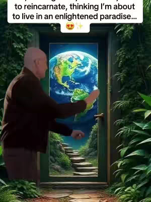The image shows a man standing in front of a green door, which is a doorway to the Earth. The Earth is visible through the doorway with a stairway in the middle of the door. The door is set in a natural setting with plants and a path that extends into the background. The man is wearing a dark brown suit. Above the door a text overlay says '...to reincarnate, thinking I'm about to live in an enlightened paradise...' above a yellow heart symbol.