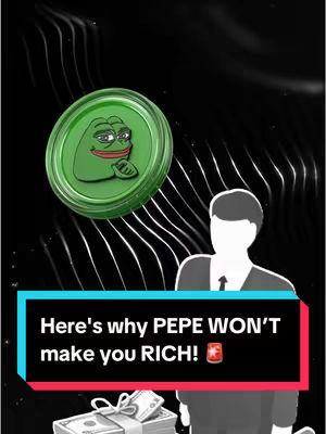 A green circular coin with the Pepe the Frog meme, floating against a black textured backdrop. In the foreground, a text overlay suggests the coin's potential value. To the right, a grayscale image of a person in a suit.
