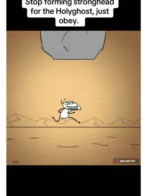 An animated cartoon with a stick figure running away from a falling gray object. The background is a tan color with rough lines suggesting a landscape. Above the figure is text in a bold sans-serif font.