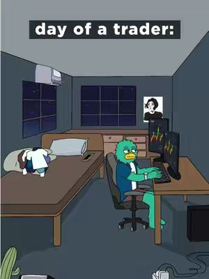 An illustration of a room with a bed, a desk, and a person at the desk looking at computer screens. A text overlay on the top says 'day of a trader:'.