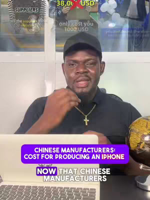 The cover image features a man in a black shirt and black cap, seated behind a laptop and a globe. The background includes images and text about suppliers and production costs, with overlay text in a purple bar that reads 'CHINESE MANUFACTURERS: COST FOR PRODUCING AN IPHONE'.