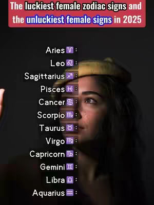 The cover image shows a split portrait of a woman with text overlayed. On the right side of the image you can see the face of a person. On the left side is a list of zodiac signs. In the top area is colored text overlay that states the video's theme: "The luckiest female zodiac signs and the unluckiest female signs in 2025". The image is a portrait displaying the theme of the video.