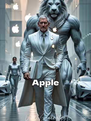 An image depicts a man in a white suit walking in a futuristic city, with a lion figure behind him. Text overlayed says 'Apple'. The composition uses perspective with cars and other figures in the background.