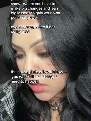 A close-up shot of a woman's face, angled slightly downward. She has dark hair and is wearing a black and white checkered top. Text overlays in white font are added to the image, providing insights or directives related to personal growth and self-discovery. The overall composition is simple, focusing on the subject and the text for the message.