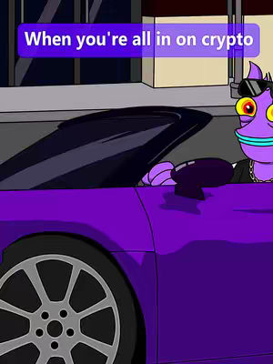 An animated image featuring a purple car with a cartoon character in the driver's seat, overlaid by a text box. The text in the box reads "When you're all in on crypto."
