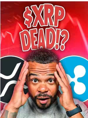 An image featuring a man looking concerned, his hands on his head, with overlay text asking if $XRP is dead; the background is a blurred red gradient with stock charts and crypto logos.
