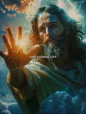 The image is a digitally created portrait of a figure resembling Jesus, seen from the chest up. The figure is looking slightly upwards and to the right, with a contemplative expression. His right hand is extended towards the viewer, with a bright light emanating from the palm. The background features stylized clouds and beams of light, suggesting a heavenly setting. The text overlayed on the image reads 'AND ETERNAL LIFE' in white font, with a smaller text at the bottom that reads 'I AM ODYSSEY'. The color palette is dominated by cool blues and whites with warm golden hues from the light source and skin tones.