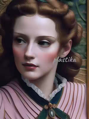 A digitally painted portrait of a woman with pale skin, rosy cheeks, and dark auburn hair. She wears a pink dress with a ruffled collar and a dark green ribbon with a jewel. The background subtly suggests a classic painting style.