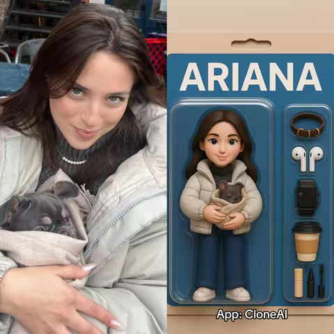 The image is a split composition. On the left, a young woman with long brown hair is shown in a selfie-style shot, holding a sleeping French bulldog puppy wrapped in a blanket; she is wearing a white jacket and gazing at the camera with a slight smile. On the right is an AI-generated action figure of the woman and dog in a blue plastic case, suggesting a product for sale. The action figure is styled with a puffy white jacket, dark turtleneck, blue jeans, and white sneakers, carrying the puppy. Adjacent to the figure in the package are accessories like a brown belt, earbuds, a wristwatch, a takeaway coffee cup, and some makeup. The package reads 'ARIANA' at the top