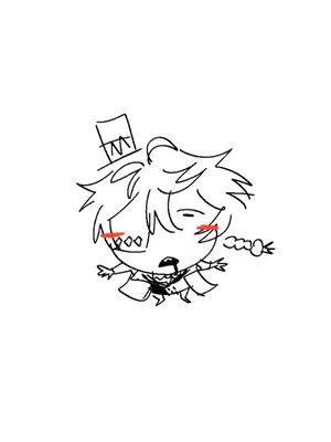 A stylized, cartoon-like illustration of a character. The character is drawn with thick black lines and features spiky, messy hair, a wide grin, and red blush marks on the cheeks. The character is wearing a top hat and a jacket. The background is plain white, making the character the central focus.