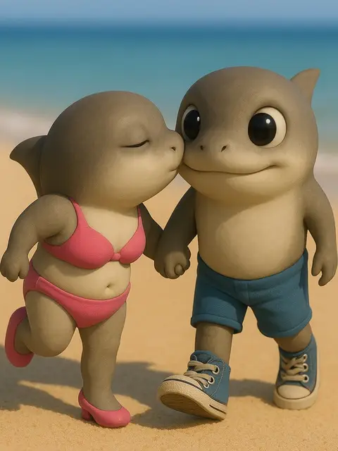 The image features two cartoon dolphin-like characters on a beach. The dolphin on the left is wearing a pink bikini and heels, leaning in to kiss the other dolphin, who is wearing blue shorts and sneakers. The beach has light sand, the ocean is in the background with some blue sky.