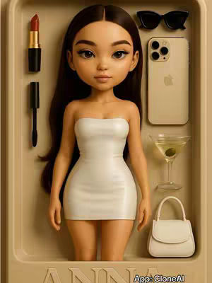 A stylized, cartoon-like rendering of a doll figure seated in a tray with other items such as lipstick and a cocktail glass. The doll has dark hair, a white dress, and various accessories neatly arranged around it.