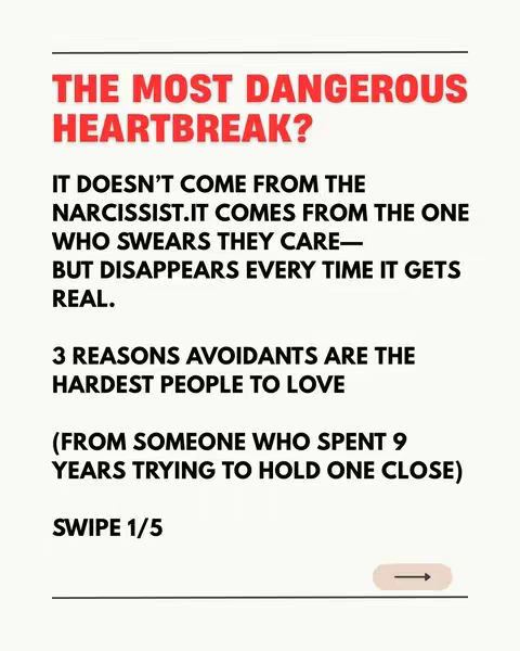 The cover image features a light beige background with a series of vertically stacked text blocks. The topmost block, in bold red font, reads "THE MOST DANGEROUS HEARTBREAK?". Below, in a black font are the answers and reasons. At the bottom right, on a beige rectangular button with an arrow inside, the layout introduces a swipe action to go to the next slide.