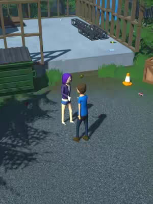 An overhead shot of two cartoon-like figures standing in an unfinished outdoor structure. The figures appear to be engaged in conversation. The setting includes a partially constructed building, a concrete slab, green grass, and construction materials like a black metal frame and an orange traffic cone. The overall color scheme is bright and cartoonish.