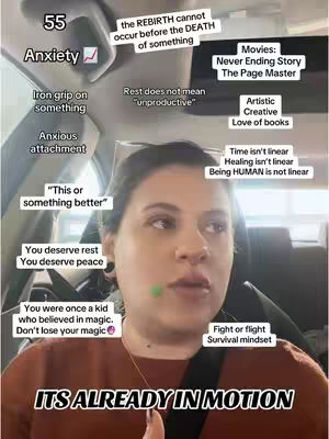 A woman with brown hair is filmed from the chest up inside of a car. The car's interior is visible, suggesting the video is filmed candidly during a drive. Overlapping her likeness are many superimposed text bubbles with inspirational and introspective messages alongside her, providing a layered, symbolic atmosphere