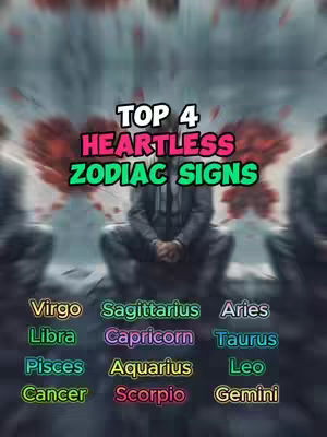 An image with a blurred background and a central figure seated. Text overlays create clarity and emphasis. The main text bubble boldly states "TOP 4 HEARTLESS ZODIAC SIGNS." Below, the image features a list of the zodiac signs: Virgo, Sagittarius, Aries, Libra, Capricorn, Taurus, Pisces, Aquarius, Leo, Cancer, Scorpio, Gemini, showing a potential ranking.