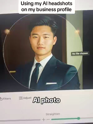 A screen recording showing a man's AI-generated headshot within a business profile interface, framed by a white circle, with text overlayed reading, 'Using my AI headshots on my business profile.' Additional screen interface elements such as adjustment tools and a note that says 'No file chosen' are also visible. The background shows a neutral-toned wall.
