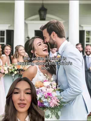 A person's face in the foreground with a wedding scene as the background. The person has brown hair and is looking at the camera with a neutral expression. In the background, a bride and groom are embracing, smiling and laughing. The scene appears to be a wedding or celebration.