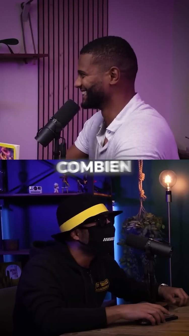 The cover image is split horizontally. The top half shows a man in profile, smiling broadly and talking into a microphone. He appears to be in a studio setting with wood paneling and a microphone. The bottom half presents a different person wearing a black hat with a yellow brim and a black face mask over the lower face, and a black hoodie. The word "COMBIEN" is overlaid in white, partially blurred, across the center. A microphone is in place in front of the person. The background consists of some shelf with action figures, a light, and a few objects.