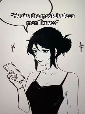 An anime-style drawing of a woman holding a phone, with a speech bubble above her head containing text. She has black hair styled in a bun and is wearing a dark dress. The background is plain white.