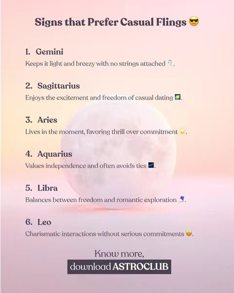 A beige vertical graphic featuring a title at the top and a list of six zodiac signs under a central bright white circle, and a call to action to download an app at the bottom.
