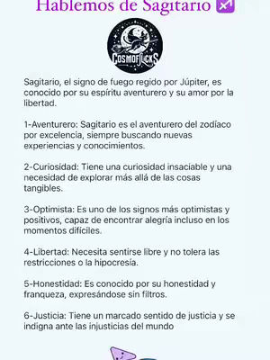 The cover image is a list of traits about Sagittarius, the zodiac sign. It is on a light purple background with text in black. The headline at the top says "Hablemos de Sagitario" The text below reads the qualities of Sagitarious.