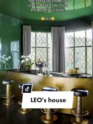 The image showcases a luxurious interior, likely a bar or lounge area. It features a dark, glossy green ceiling and a gold countertop with stools. Large windows with gray curtains provide natural light. The layout is modern with high-end finishes, and there is text overlay with the TikTok logo.