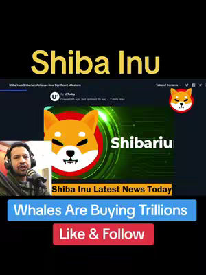 The cover image features a split-screen layout. On the left is a video still of a man with headphones and a microphone, positioned as if he's recording. On the right is a screenshot resembling a news article about Shibarium. Below the news article snippet is a section that says, 'Whales Are Buying Trillions' and provides a call to action 'Like & Follow'. The overall composition is designed to grab attention with its vibrant colors and financial news theme, set against a black background.
