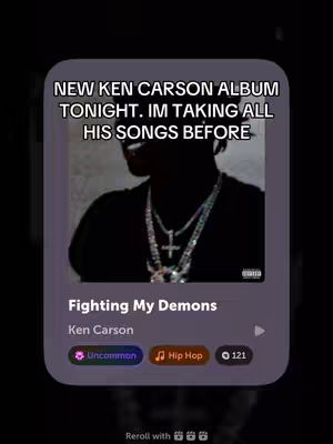 The cover image showcases a design inspired by a music streaming service interface, with a dark theme. It features a silhouetted image of an individual with a chain necklace. Text overlays at the top announce a new album release and the intent to compile the artist's songs. Below the image lies a section with the album's title and artist's name, along with genre and play count indicators, all against a complementary background.