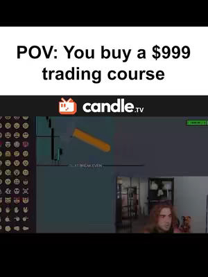 The cover image shows a screen recording of a trading platform with candlestick charts. A text overlay reads, 'POV: You buy a $999 trading course.' In the background, the creator, a man with long hair, is visible in his room to the right of the screen.