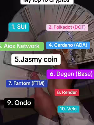 The image shows a person's hands holding a large stack of US dollar bills. Overlayed on top of the bills are colored boxes with text listing cryptocurrencies and their rankings.