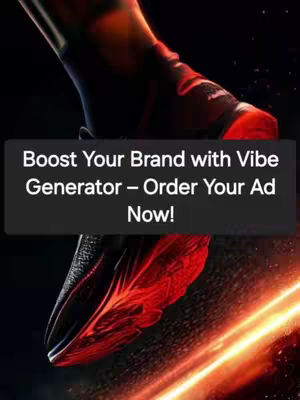 The image shows a close-up view of a black shoe with red accents; a text overlay on top displays the company's advertisement message.