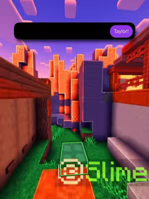 A screenshot of a Minecraft-like environment with a low-angle perspective. The scene features blocky, pixelated buildings and terrain. A text overlay with a dark background and a name bubble reading 'Taylor!' is at the top.