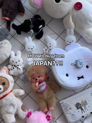 The image is a casual overhead shot of various kawaii trinkets and plushies arranged on a white surface with a subtle grid pattern. Dominating the scene are several adorable plush toys including a bear, a white bunny, a black orca, and a monkey-like doll. The color palette is soft with cream, light brown, white, and a few pops of red and black. The trinkets include keychains, charms and a light blue purse. Text overlay 'HOW to buy from JAPAN??!!' is placed across the image.