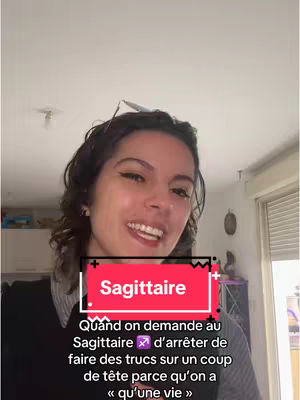 A woman with dark hair and makeup smiles at the camera while speaking. A text overlay in a red and white box says "Sagittaire" in French. Underneath, text discusses Sagittarius traits on a white background.
