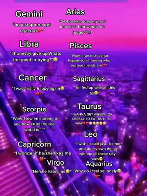 An image with a purple and pink gradient background. The image contains text for each Zodiac sign, appearing like a list with quotes. The signs are labeled with their names and associated phrases.