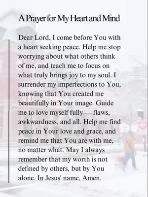 The cover image features a layered design with a title and text overlayed on a blurred background. The text is a prayer, set against a subtle, blurred street scene that includes hints of buildings and figures. The overall composition is vertical, fitting the dimensions of a mobile device screen.