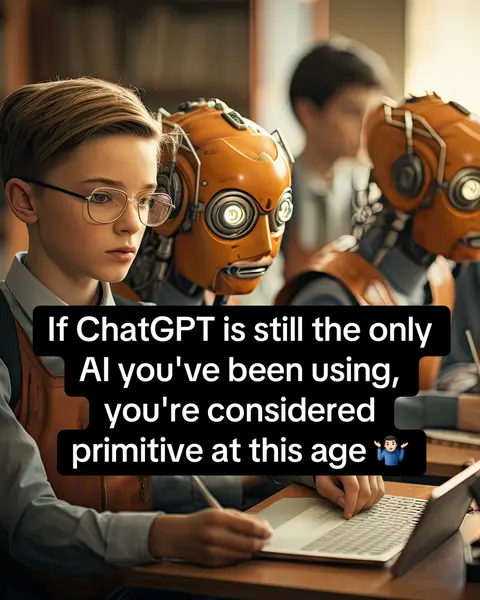 The image shows a young boy with glasses looking thoughtfully at a laptop. He is seated at what appears to be a classroom setting, with robotic figures behind him. Overlayed text addresses the viewer.