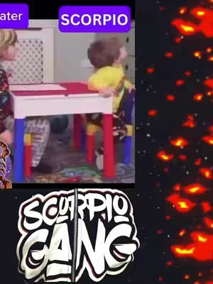 The image is a split screen. On the left side, there's a still of a couple of children at a table, one in yellow, one in a patterned top, with some sort of divider around them. Above is a label that reads 'SCORPIO' on a purple background. On the right is a dark background with orange sparks, and at the bottom is an image of a design for a jacket. The jacket features two words: ‘SCORPIO’ and ‘GANG’ in capital white lettering with a black fill and a silver outlining over the black.