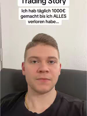 A selfie featuring a young man with short, light brown hair, wearing a black shirt and a gold chain. Above him is a white rectangle with black text that reads 'Trading Story' and a sentence below that.