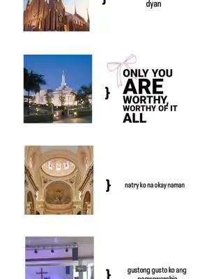 The image is a vertical collage with four sections showcasing religious buildings and text. The top section shows a large, white-walled building with multiple spires. Below, a contemporary white building, with a pointed spire, sits in front of blue sky. Underneath, an interior shot of a church with pillars and arches is shown. The bottom section displays a stage with a cross, screens and instruments. The right side overlays text in a box, with a pink bow graphic at the top.