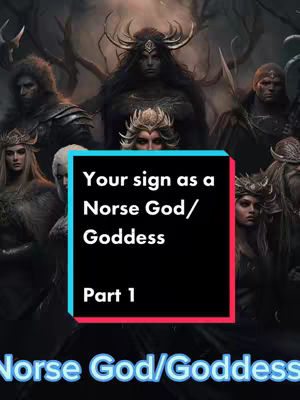 The cover image features a dark, fantasy-styled illustration of several figures, likely representing Norse gods and goddesses, arranged in a semi-circular composition against a blurred, shadowy background. A prominent black rectangle overlay in the center contains white text that reads \"Your sign as a Norse God/Goddess Part 1\". The overall composition uses a muted color palette dominated by dark blues, blacks, and grays with cool-toned lighting.