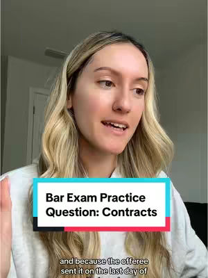 The cover image shows a woman with blonde hair in front of a light and neutral background. She is centered and talking, with a text overlay providing context. The text overlay includes the phrase "Bar Exam Practice Question: Contracts".