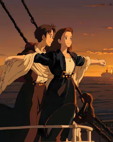 An anime art style drawing of two people mimicking the iconic 'Titanic' scene on a boat. The man stands behind the woman, each with arms stretched out. The sky is a gradient of orange and yellow, suggesting sunrise or sunset. A ship can be seen in the distance.