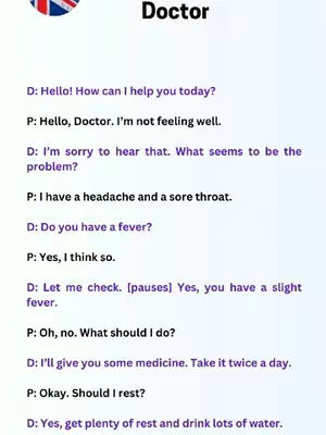 A simple, text-based graphic featuring a dialogue between a doctor and a patient. The background is a light gradient, and the text is clean and readable.