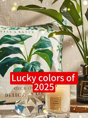 The image is a still life composition featuring various themed elements. In the immediate foreground, there's a clear, faceted crystal. Behind it, a lit candle in a glass container provides warm lighting, casting a subtle glow. To the left, a decorative pillow with a botanical print fills the background. The composition is balanced while the green plant adds a fresh element.