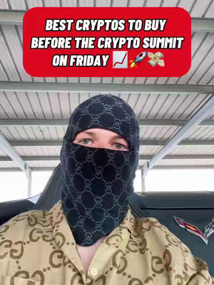 The cover image shows a person wearing a black balaclava with a pattern. The person is wearing a shirt with a logo pattern. Overlaid on top is a red rounded rectangle with the text 'BEST CRYPTOS TO BUY BEFORE THE CRYPTO SUMMIT ON FRIDAY' and some icons.