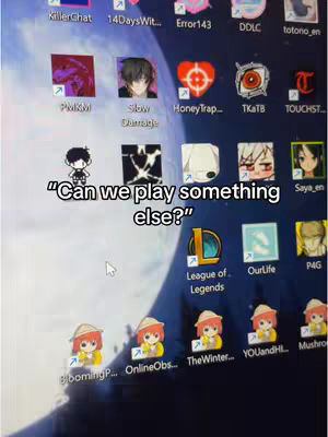 The image shows a computer screen displaying various game icons and a text overlay. The screen has a blue hue, with numerous app icons arranged, indicating a gaming-related theme. The text overlay reads, "Can we play something else?" inviting further interaction.